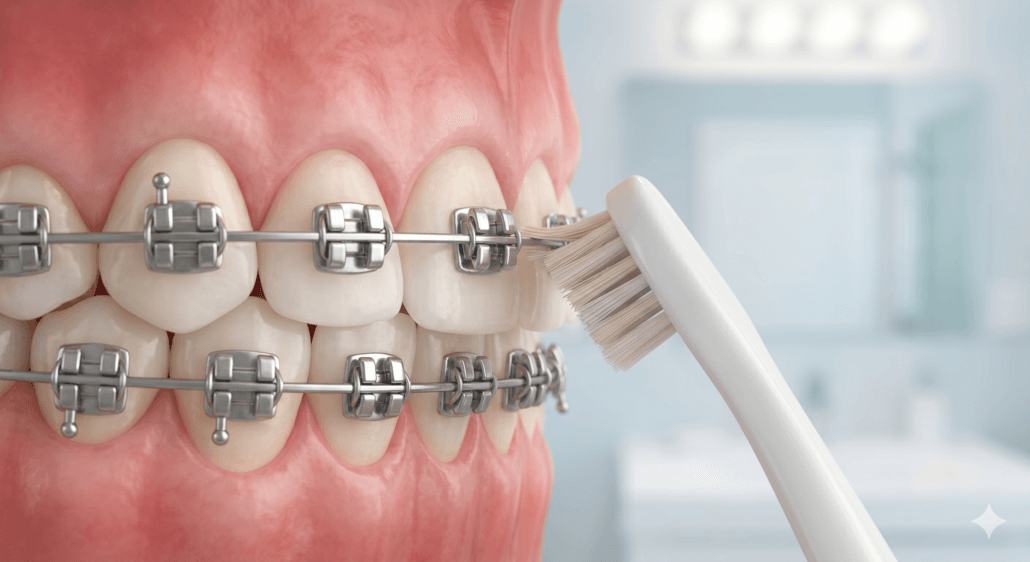 Brushing technique below the brackets to prevent white spots with braces
