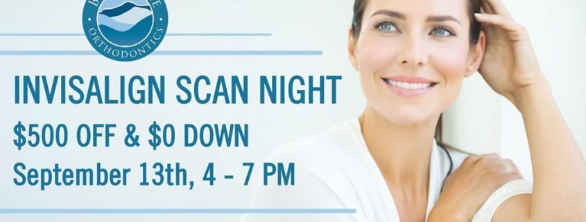 Poster for Invisalign Scan Night event at Blue Ridge Orthodontics in Asheville