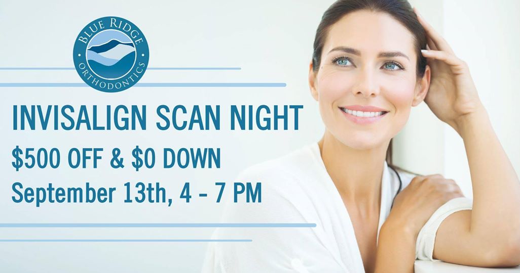 Poster for Invisalign Scan Night event at Blue Ridge Orthodontics in Asheville