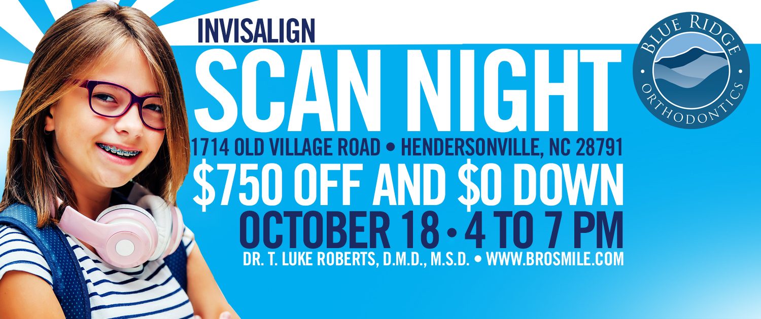 Advertisement for BRO's Invisalign scan night at orthodontic office in Hendersonville