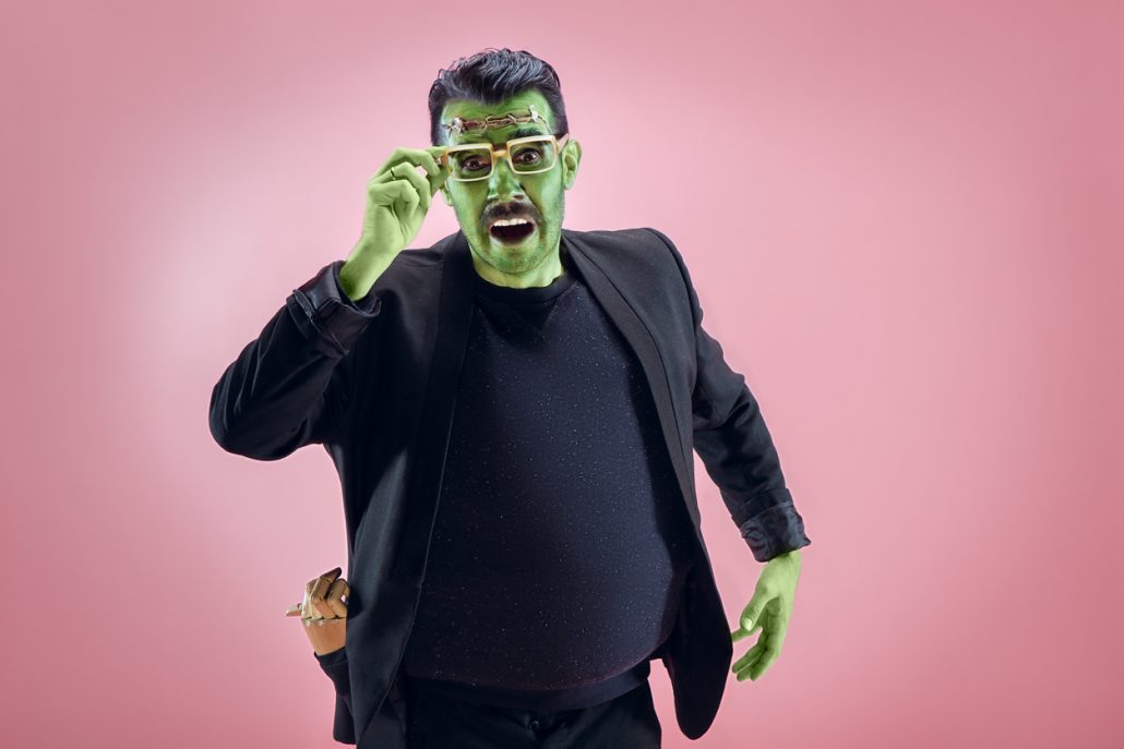 Invisalign patient dressed as Frankenstein for Halloween in Asheville