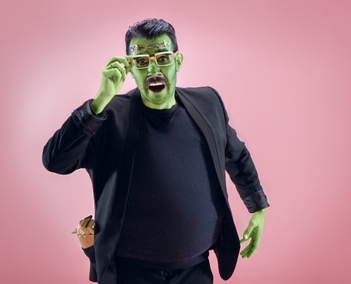 Invisalign patient dressed as Frankenstein for Halloween in Asheville